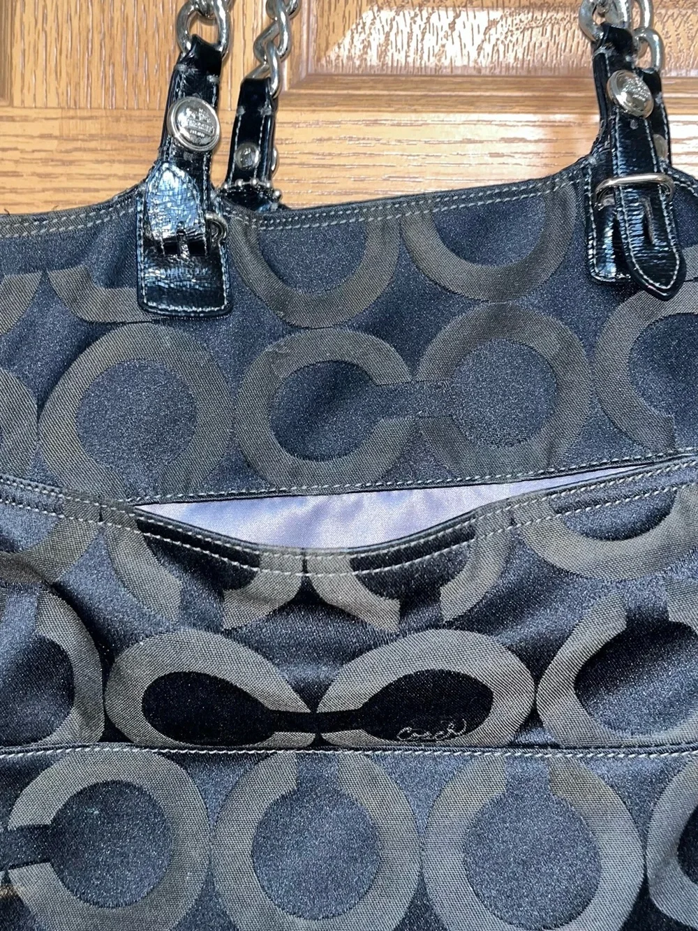 Coach Black Signature Canvas Satchel with Silver-Tone Chain Handles & Wallet